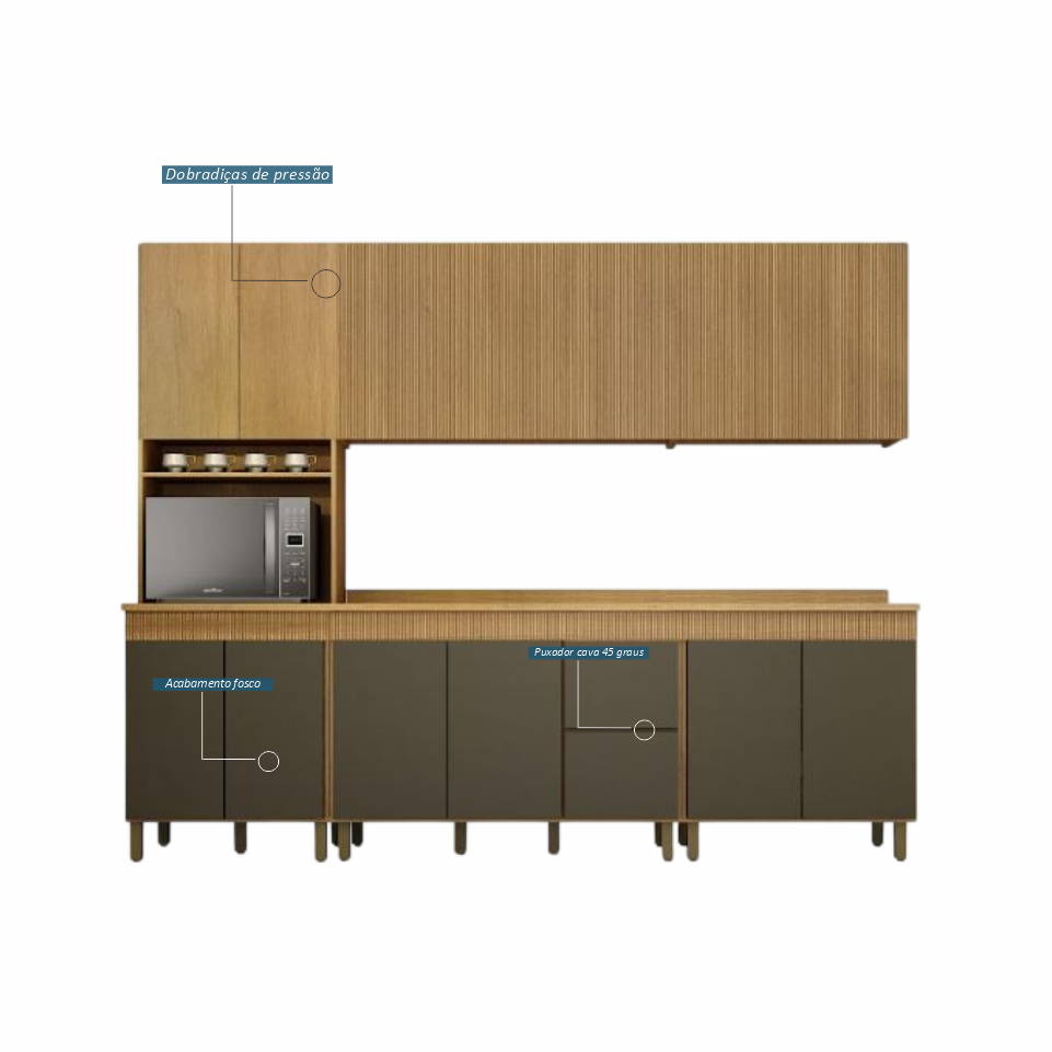 COZINHA DAKOTA 2,70M 5 PEÇAS CINAMOMO GRAFITE.