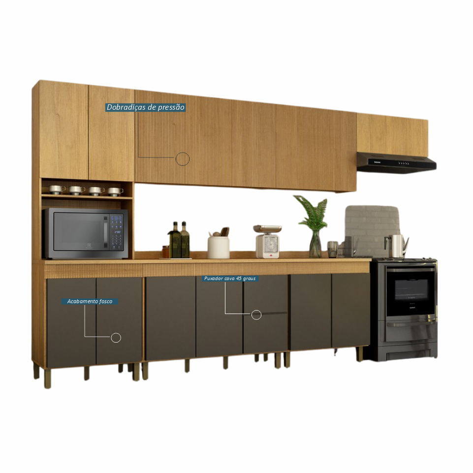 COZINHA DAKOTA 3,50M 6 PEÇAS CINAMOMO GRAFITE.
