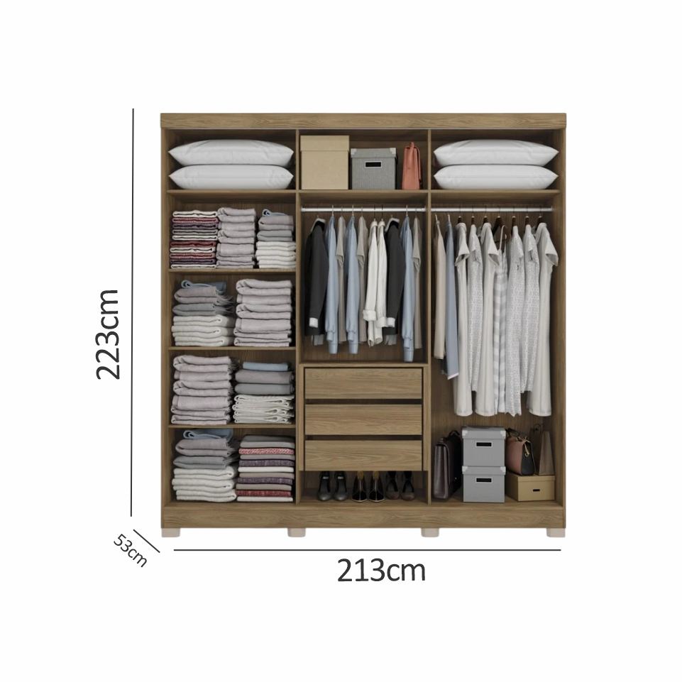 Guarda Roupa Casal C Espelho 3 Portas 3 Gavetas - Cor Nogueira - Cb1pm550.